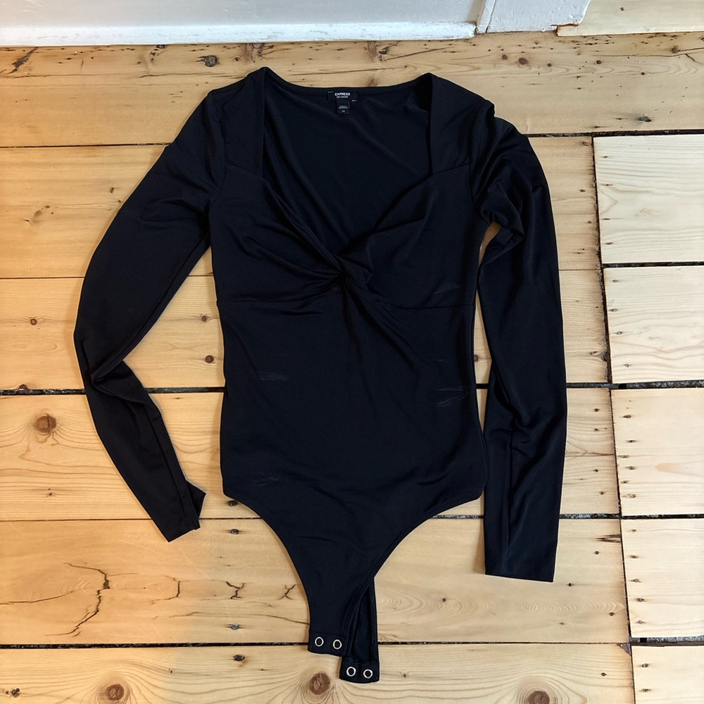 Express Black Twist-Front Long Sleeve Bodysuit